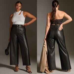 Maeve Anthropologie Colette Cropped Wide-Leg Faux Leather Pants Black Size US 14